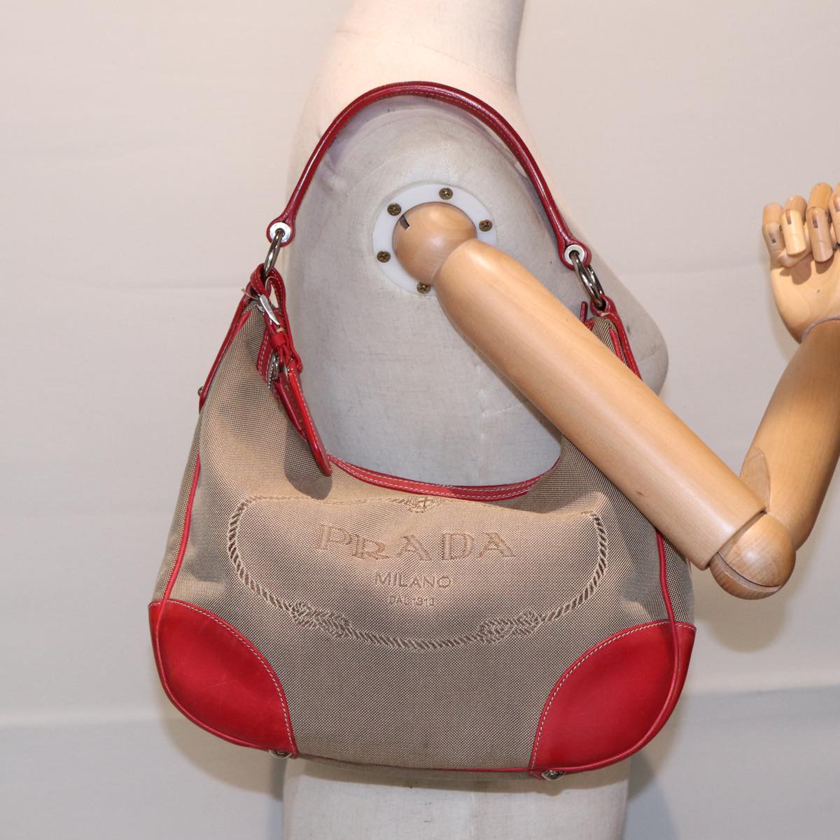 PRADA Shoulder Bag Canvas Leather Red Silver beige Auth yk14646