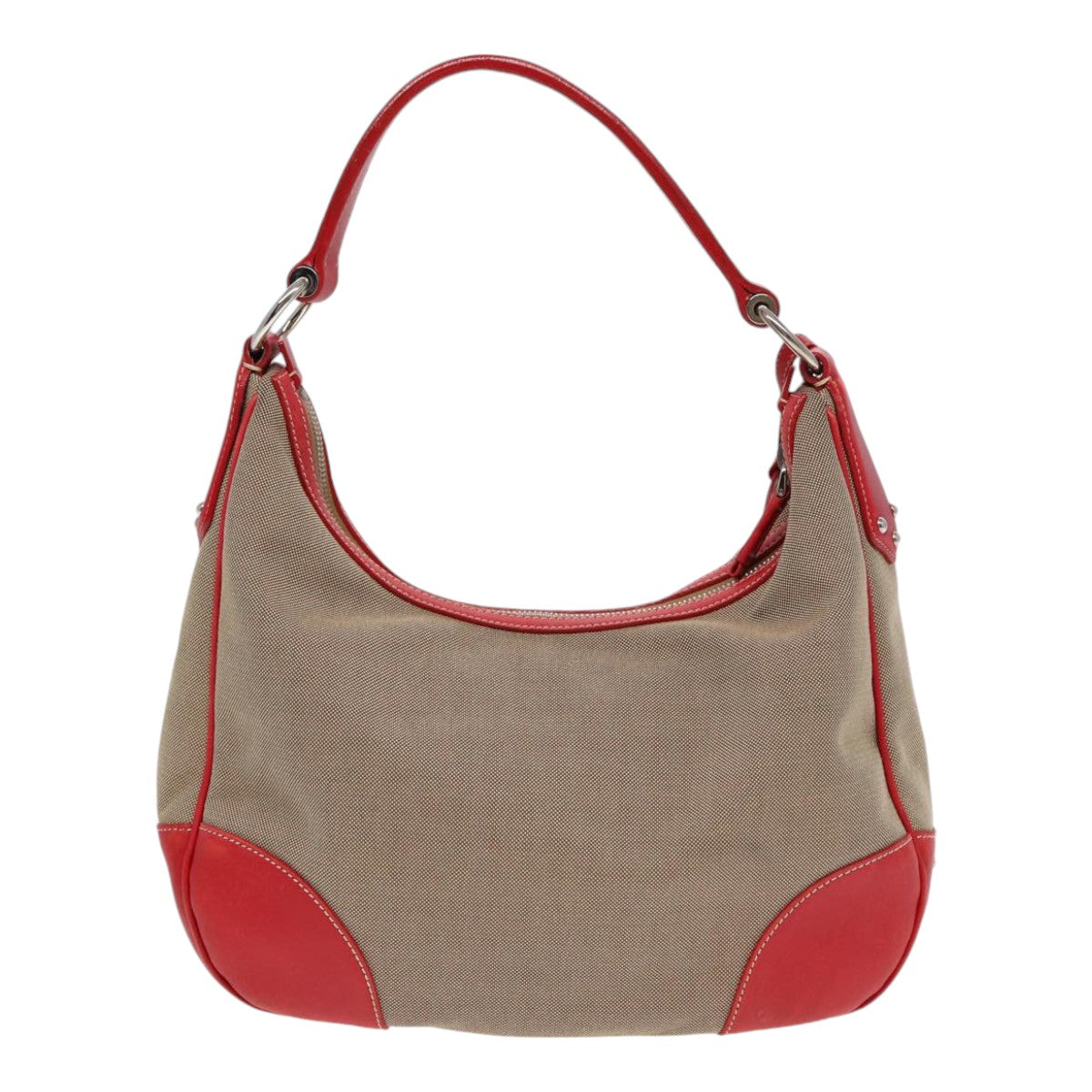 PRADA Shoulder Bag Canvas Leather Red Silver beige Auth yk14646 - 0