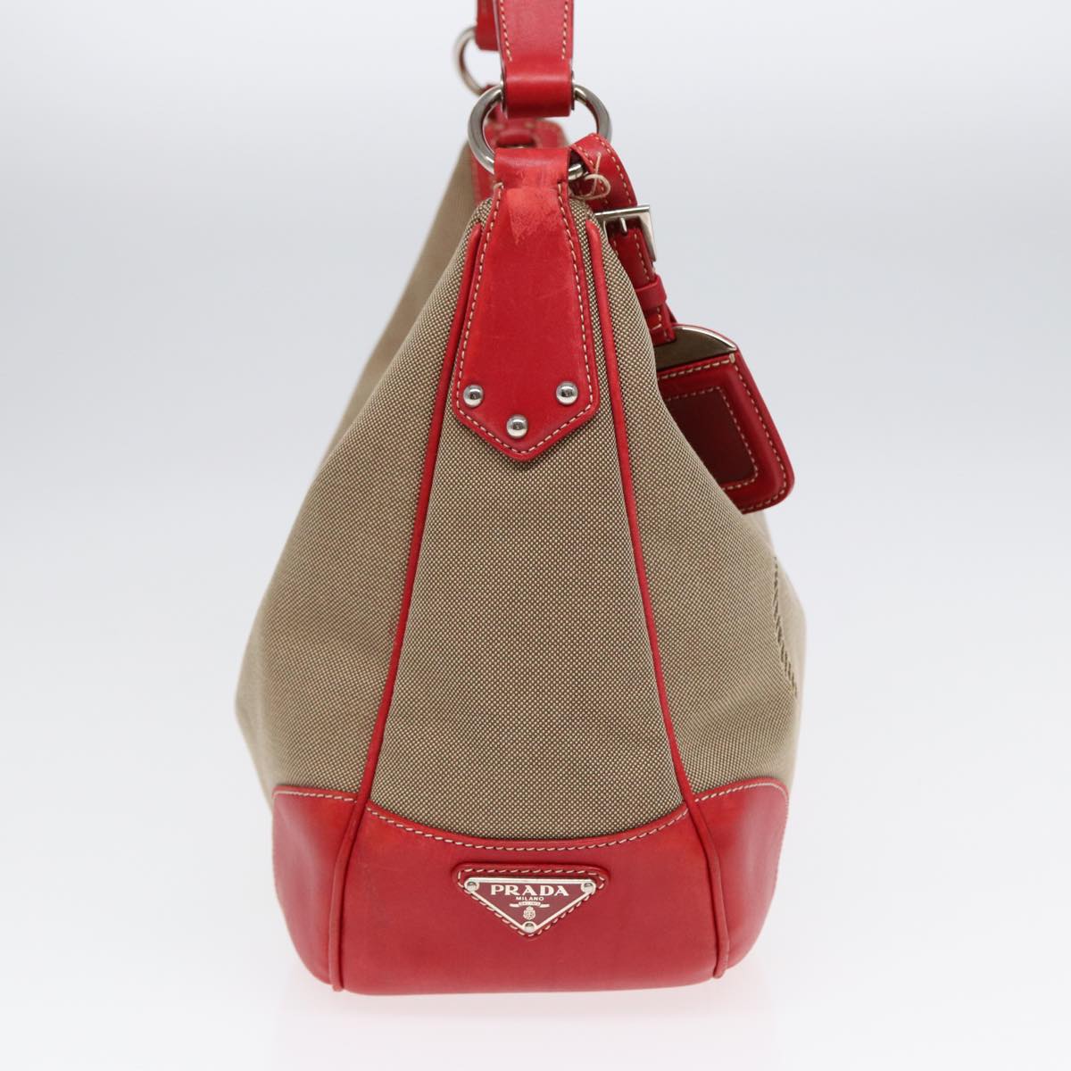 PRADA Shoulder Bag Canvas Leather Red Silver beige Auth yk14646