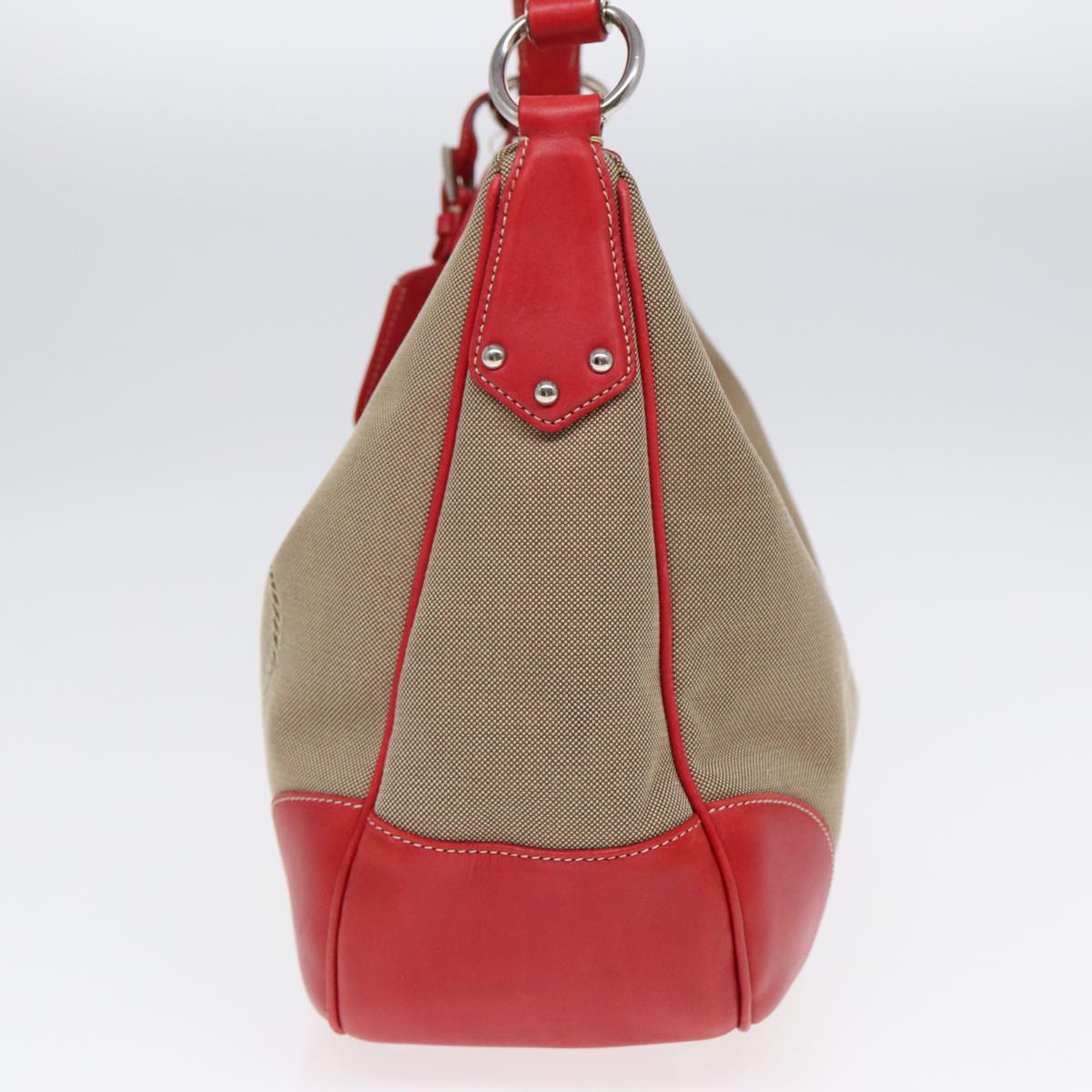 PRADA Shoulder Bag Canvas Leather Red Silver beige Auth yk14646