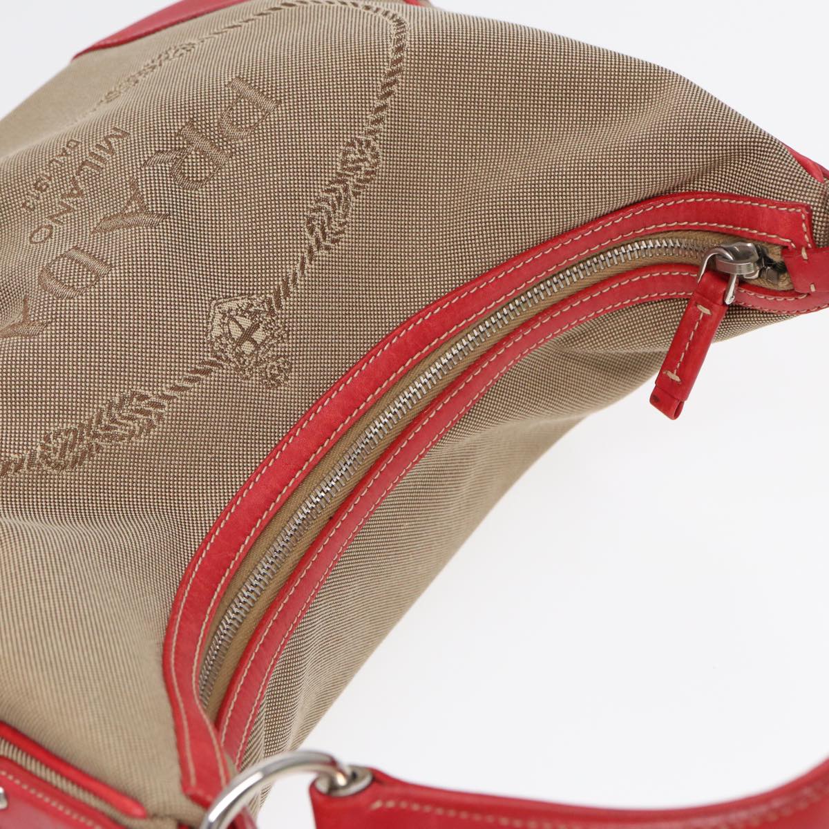 PRADA Shoulder Bag Canvas Leather Red Silver beige Auth yk14646