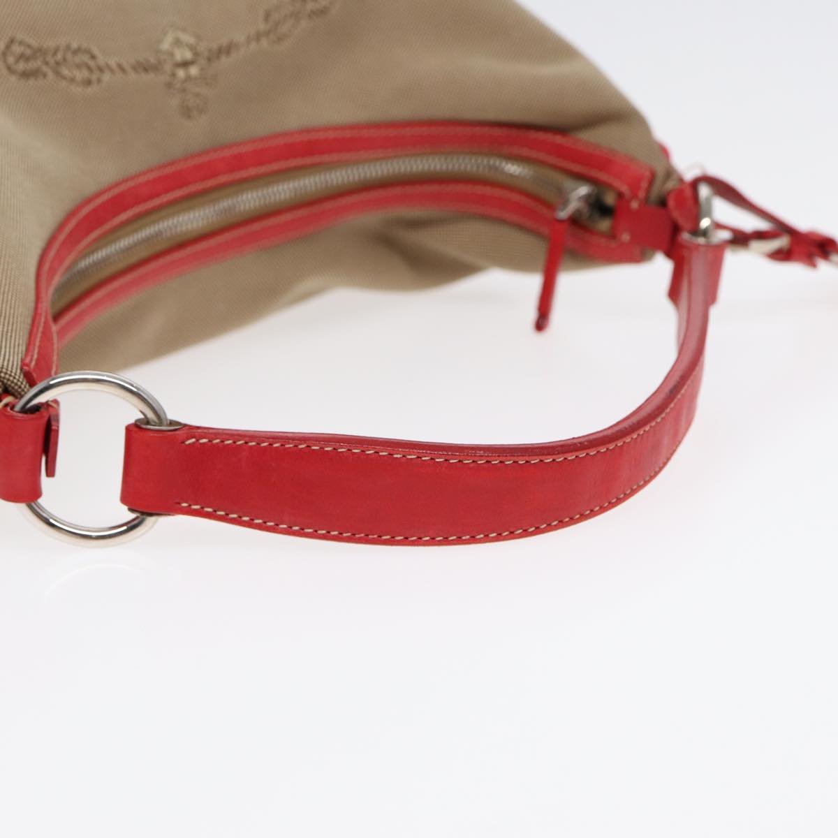 PRADA Shoulder Bag Canvas Leather Red Silver beige Auth yk14646