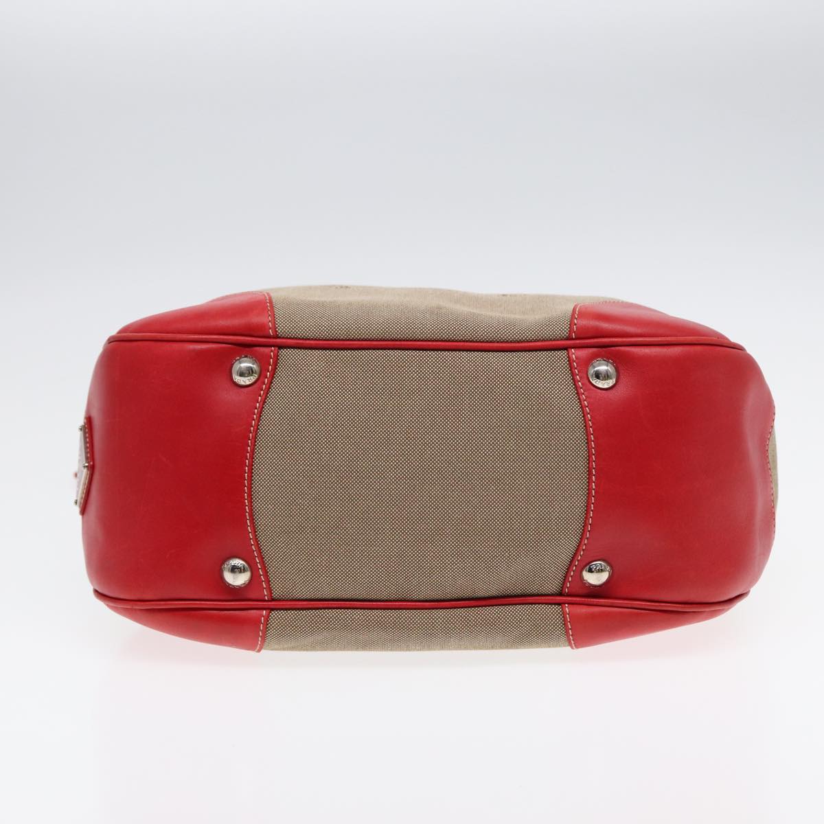 PRADA Shoulder Bag Canvas Leather Red Silver beige Auth yk14646