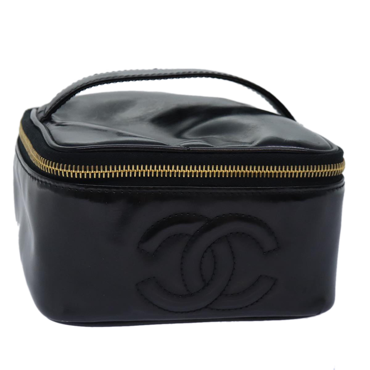 CHANEL COCO Mark Vanity Pouch Patent leather Black Gold CC Auth yk14659