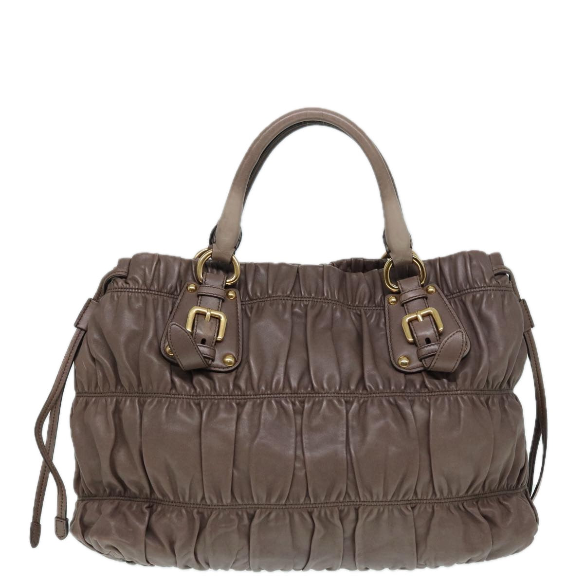 PRADA Gathered Hand Bag Leather 2way Brown Gold Auth yk14663 - 0