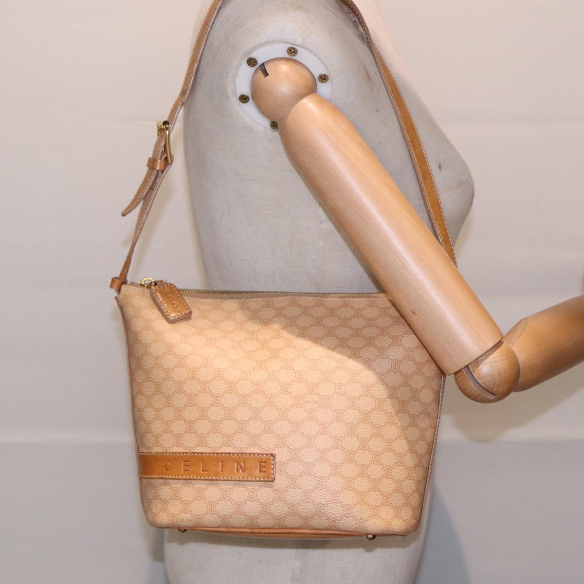 CELINE Macadam Canvas Hand Bag PVC Leather Beige Gold Auth yk14665