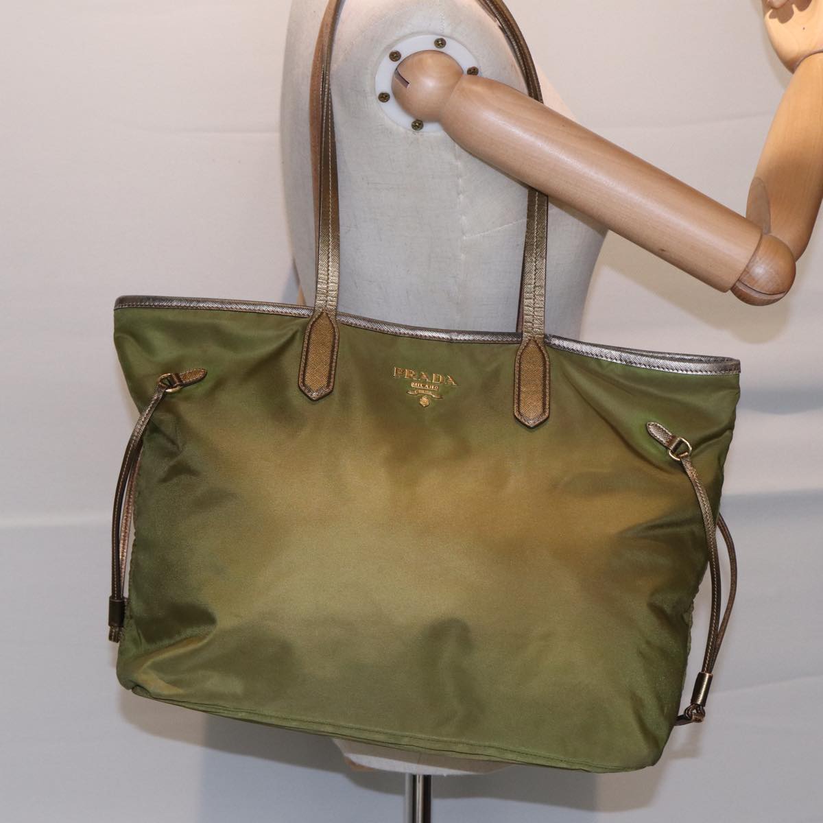 PRADA Tote Bag Nylon Green Gold Auth yk14680