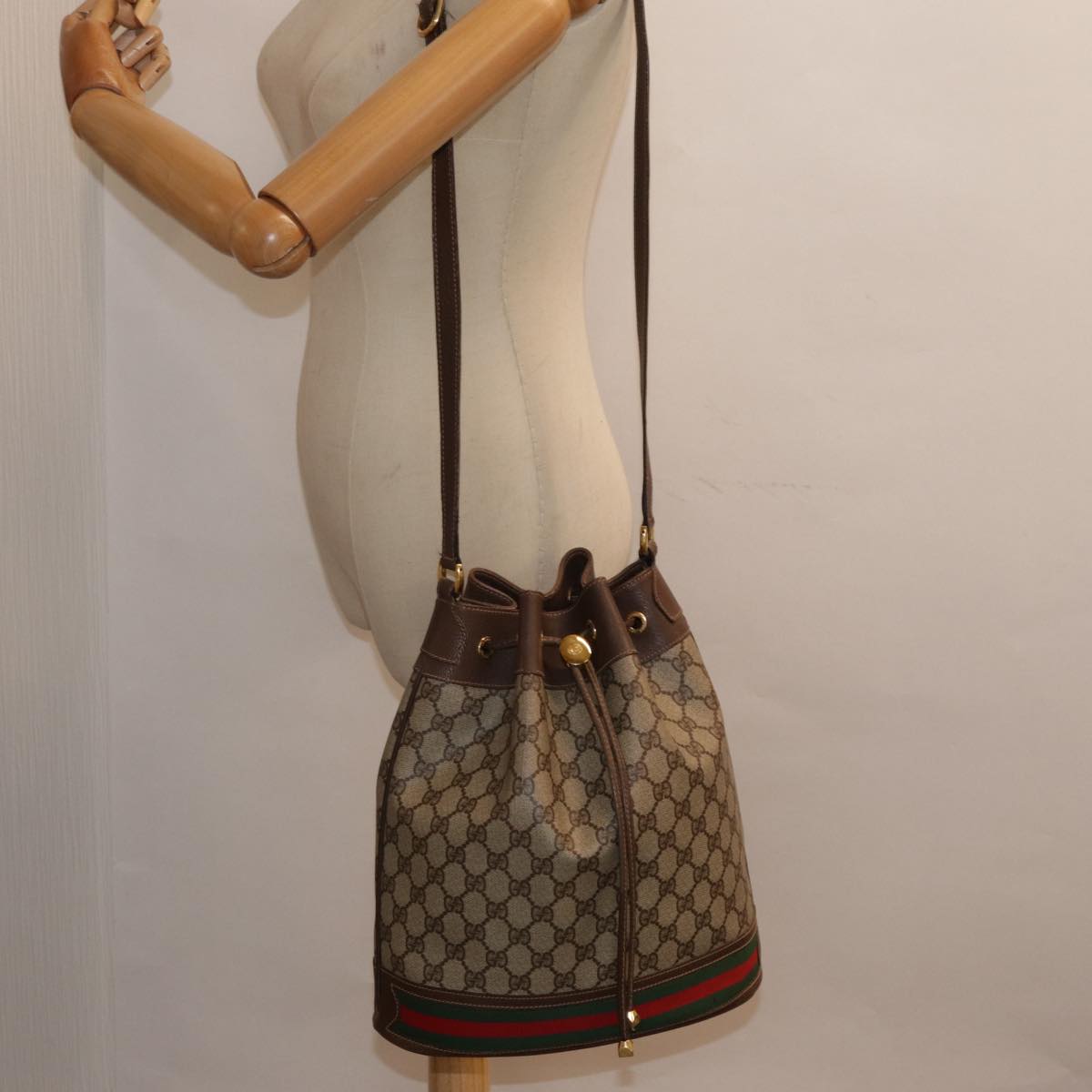 GUCCI GG Supreme Web Sherry Line Shoulder Bag PVC Beige 164 02 085 Auth yk14696