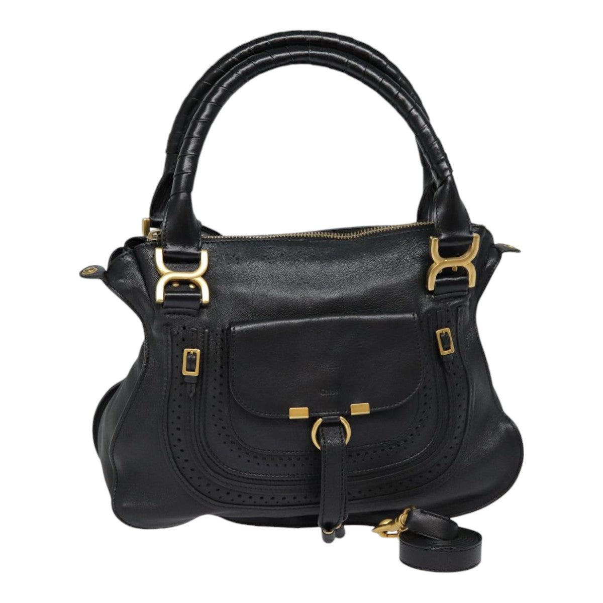 Chloe Mercy Hand Bag Leather 2way Black Gold Auth yk14711