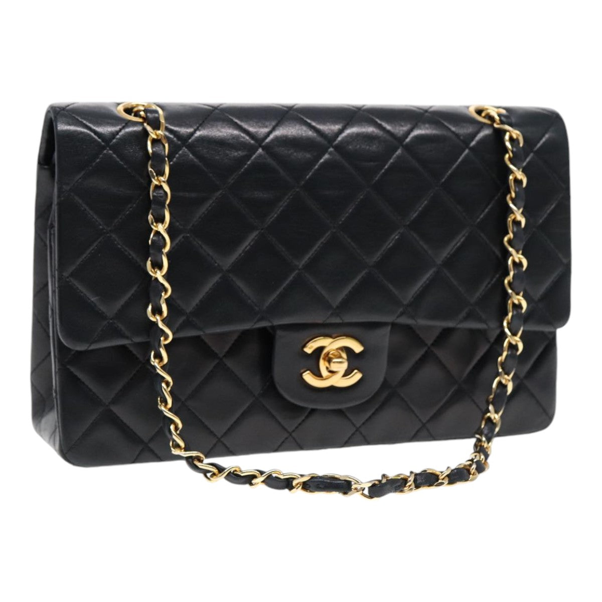 CHANEL Matelasse 25 Turn Lock Chain Bag Lamb Skin Black Gold CC Auth yk14719A