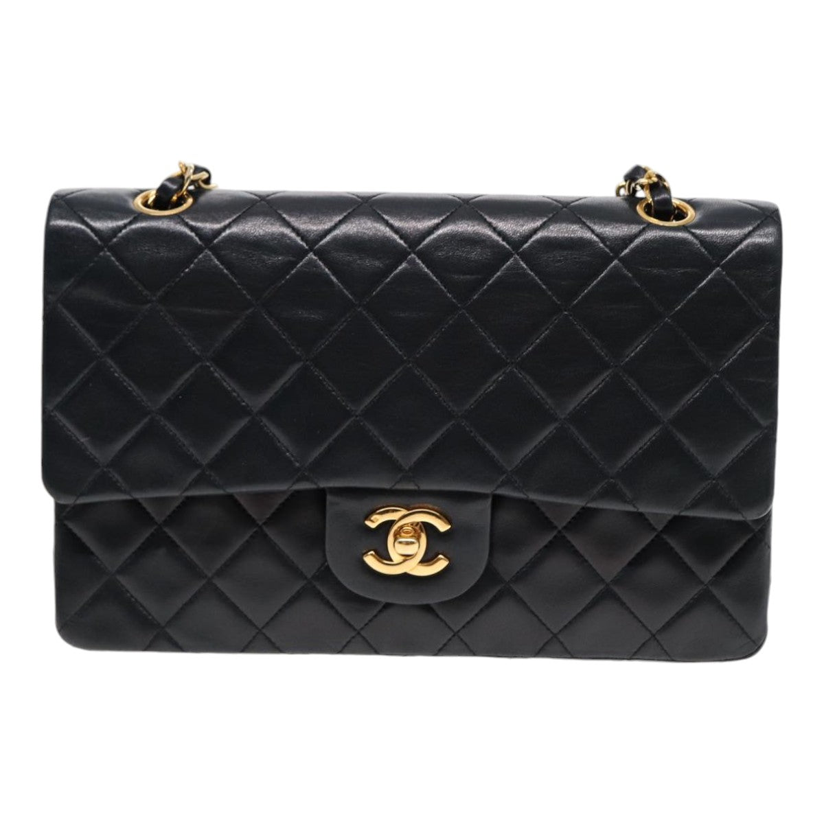 CHANEL Matelasse 25 Turn Lock Chain Bag Lamb Skin Black Gold CC Auth yk14719A