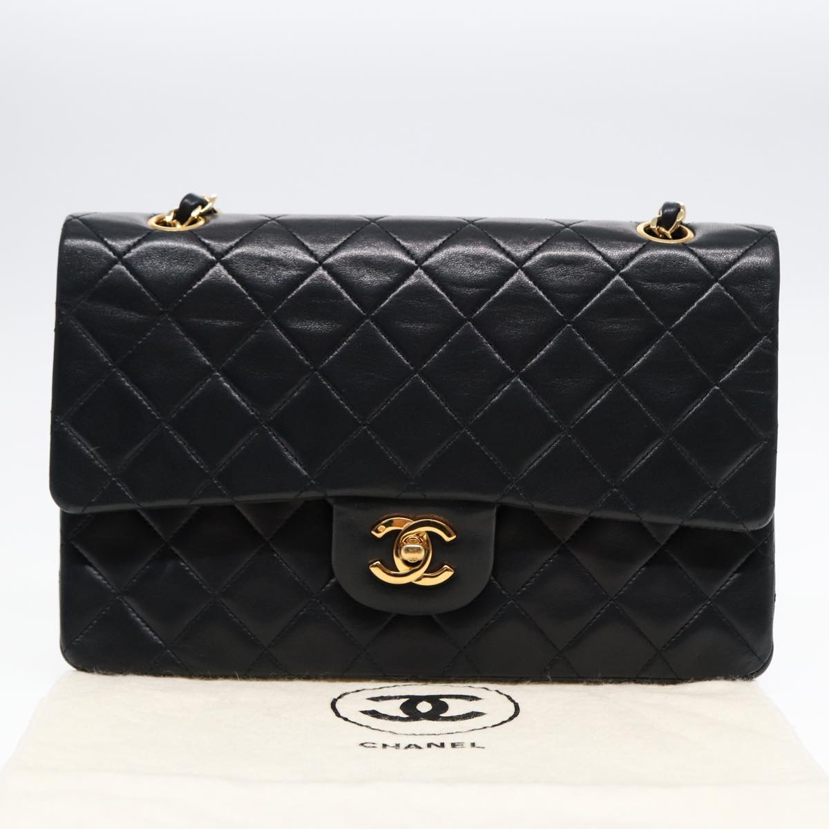 CHANEL Matelasse 25 Turn Lock Chain Bag Lamb Skin Black Gold CC Auth yk14719A