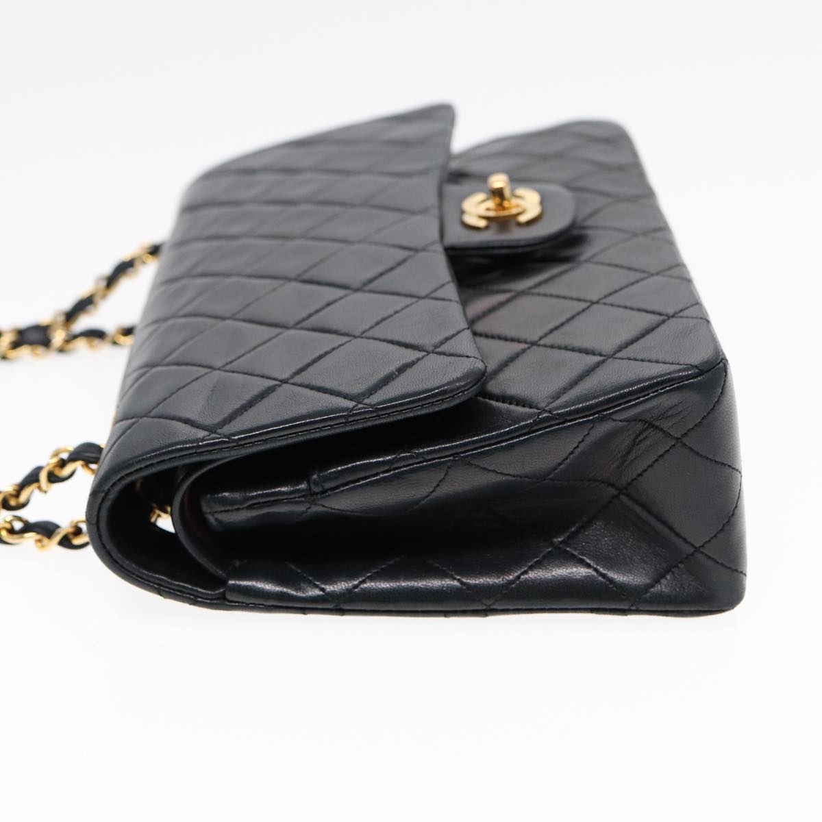 CHANEL Matelasse 25 Turn Lock Chain Bag Lamb Skin Black Gold CC Auth yk14719A