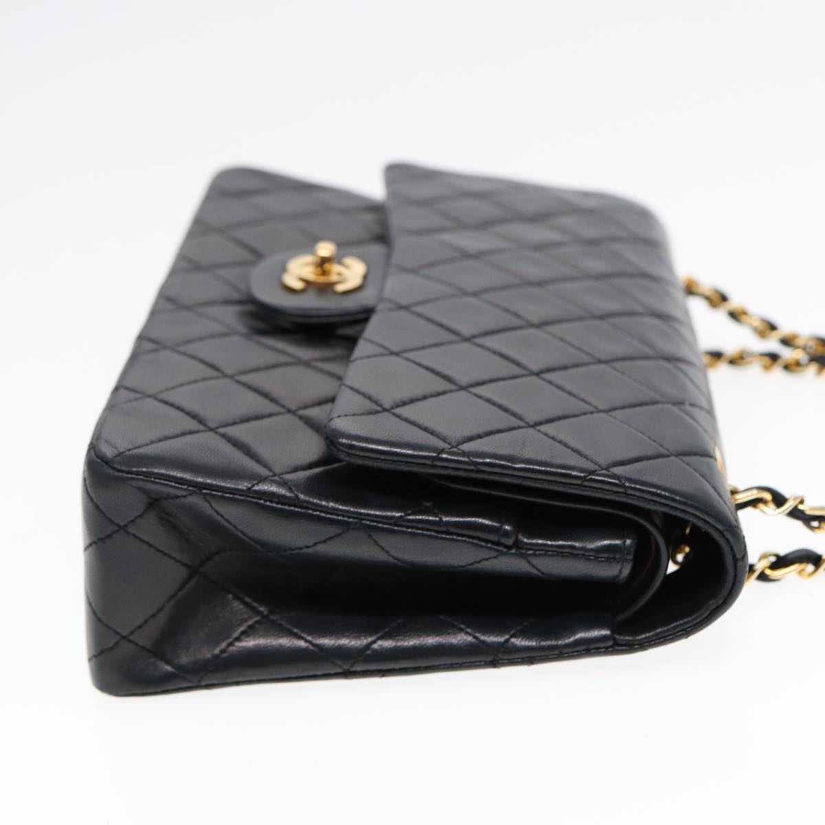 CHANEL Matelasse 25 Turn Lock Chain Bag Lamb Skin Black Gold CC Auth yk14719A