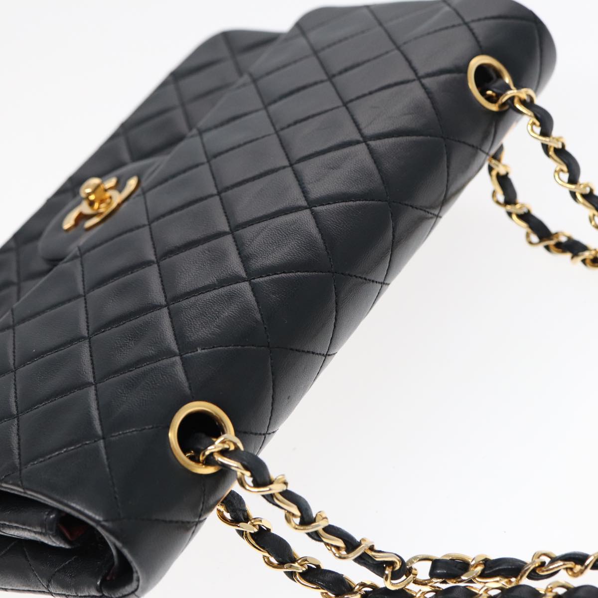 CHANEL Matelasse 25 Turn Lock Chain Bag Lamb Skin Black Gold CC Auth yk14719A