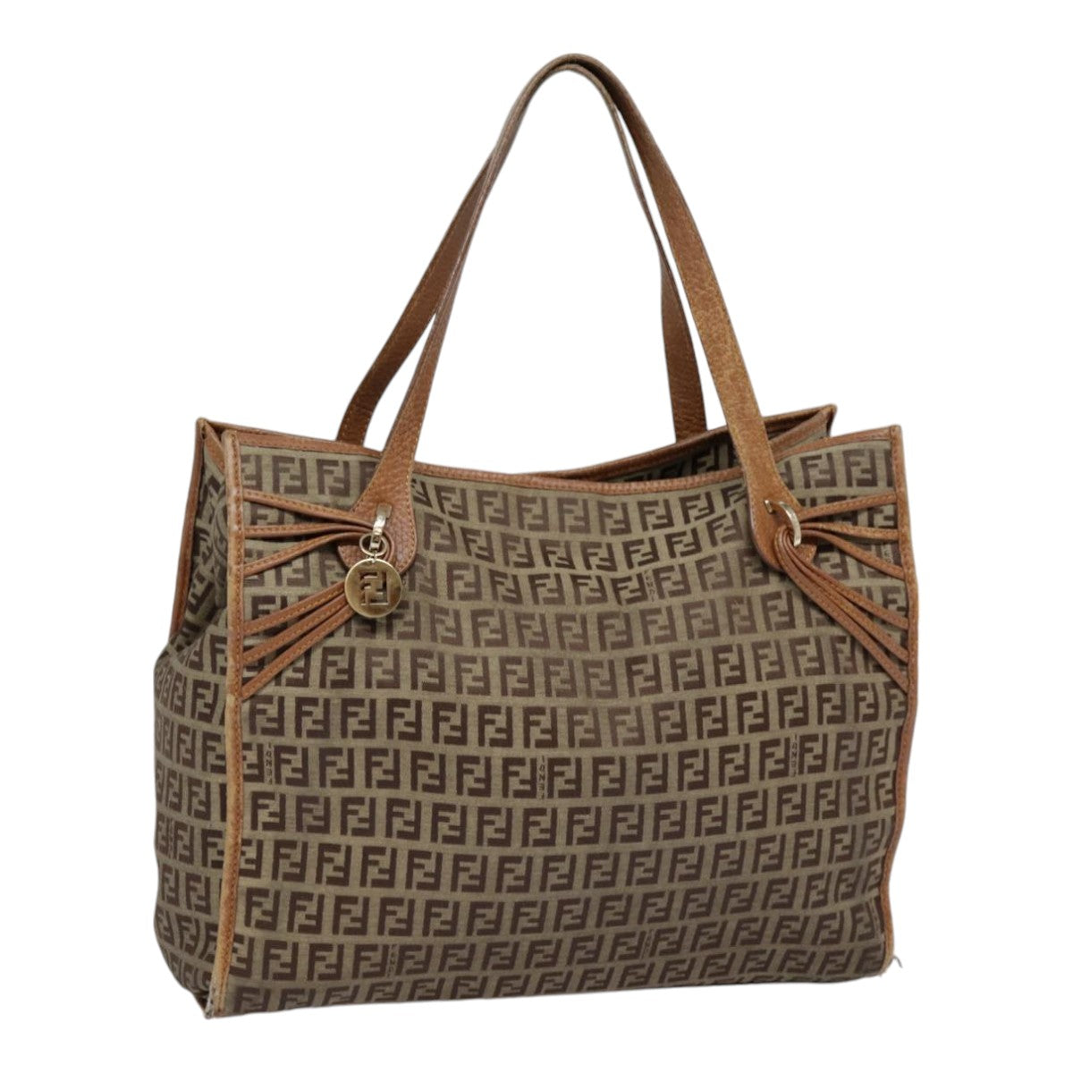 FENDI Zucchino Canvas Tote Bag Beige Gold Auth yk14729