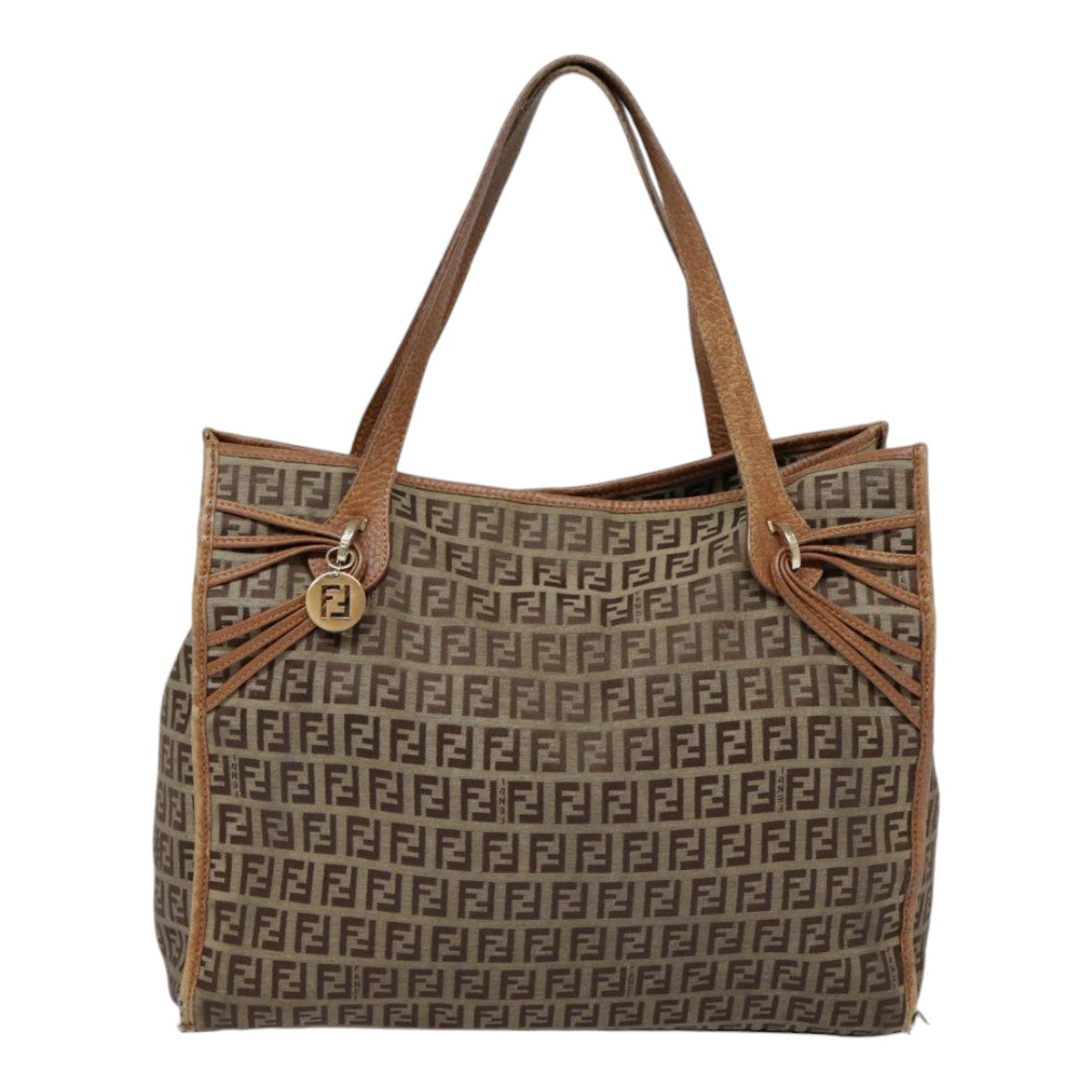 FENDI Zucchino Canvas Tote Bag Beige Gold Auth yk14729