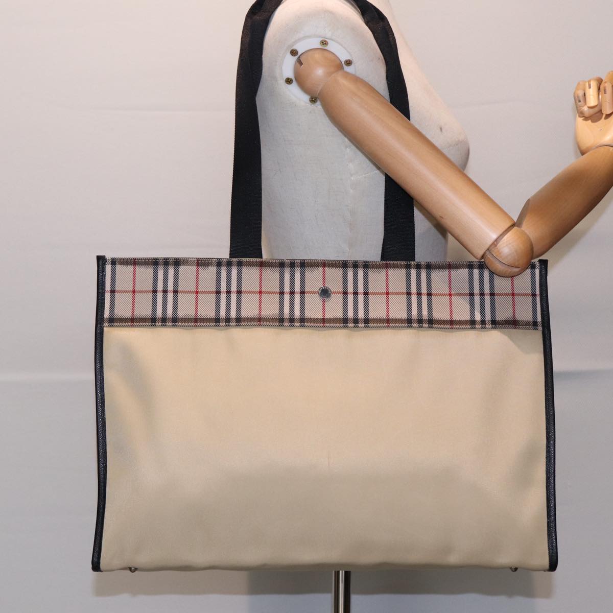 BURBERRY Nova Check Tote Bag Nylon Beige Black Silver Auth yk14732