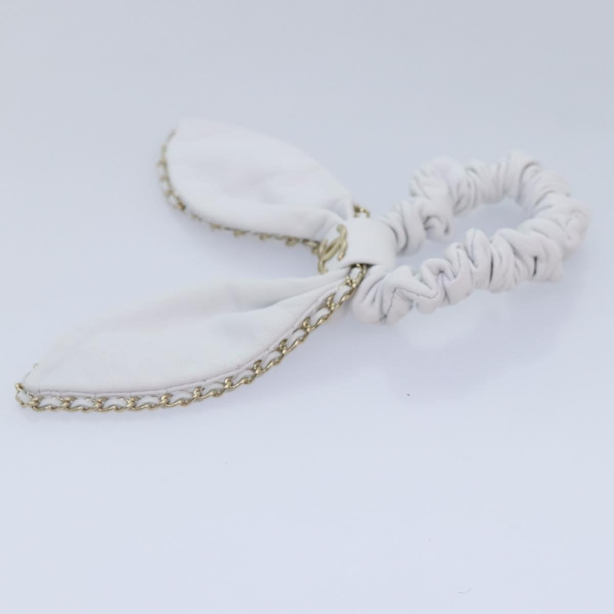 CHANEL COCO Mark Scrunchie Hair clip Lamb Skin White CC Auth yk14744