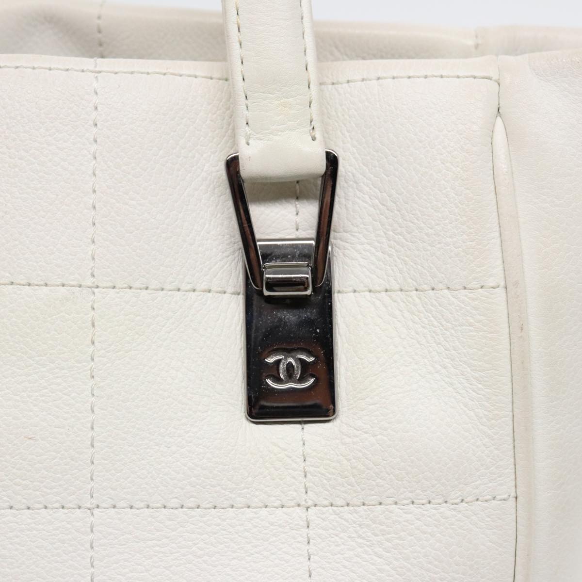 CHANEL Choco Bar Hand Bag Leather White Silver CC Auth yk14765