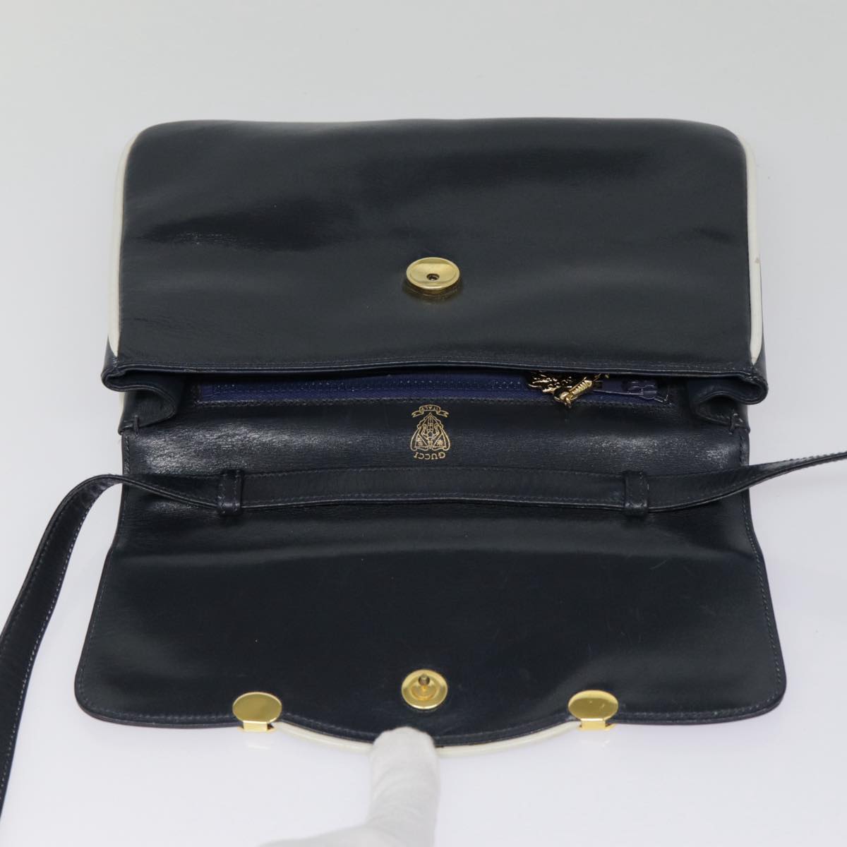 GUCCI Shoulder Bag Leather Navy Gold Auth yk14768