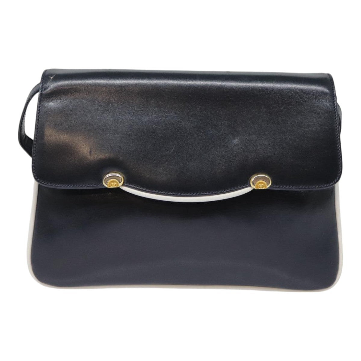 GUCCI Shoulder Bag Leather Navy Gold Auth yk14768