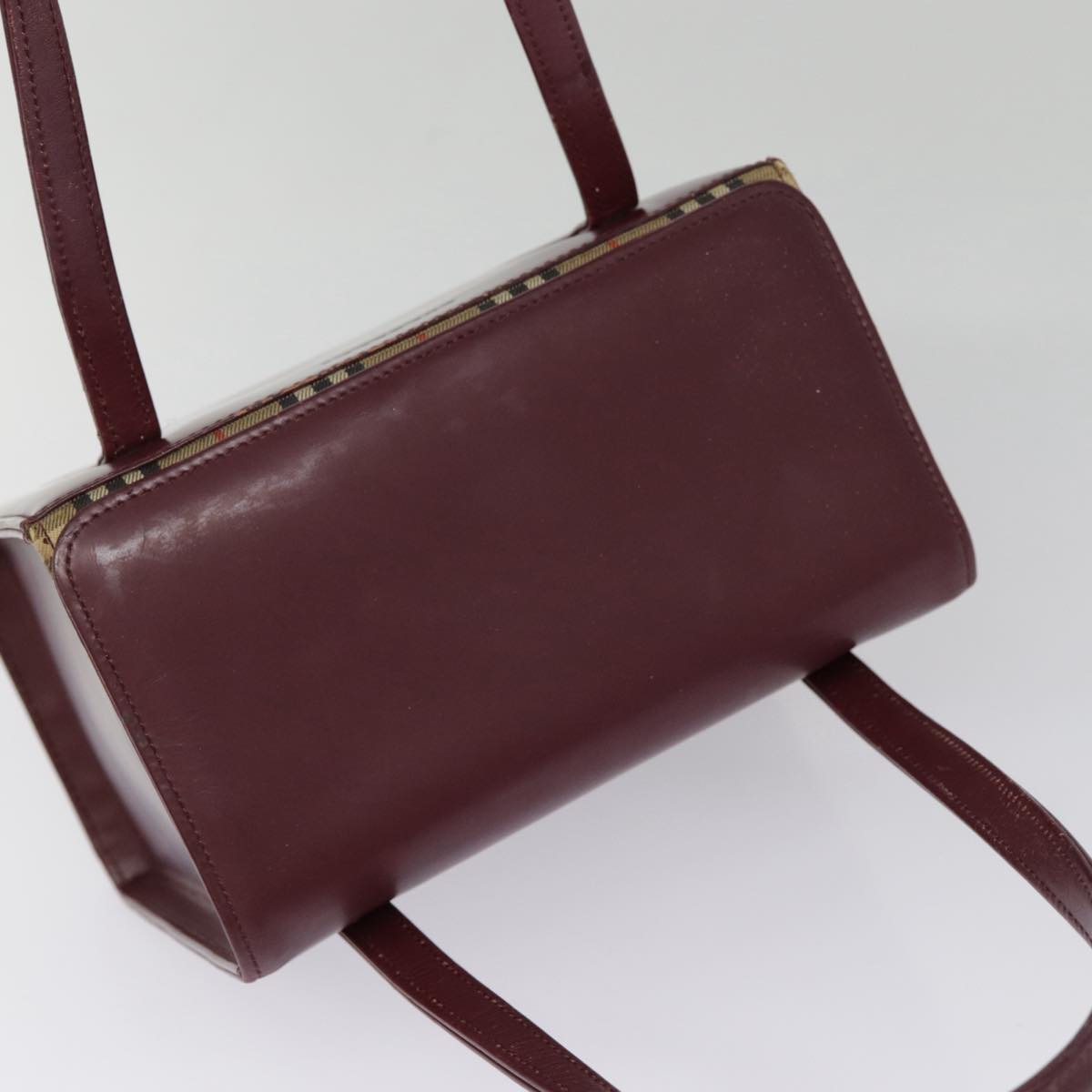 BURBERRY Nova Check Hand Bag Leather Bordeaux Silver Auth yk14769