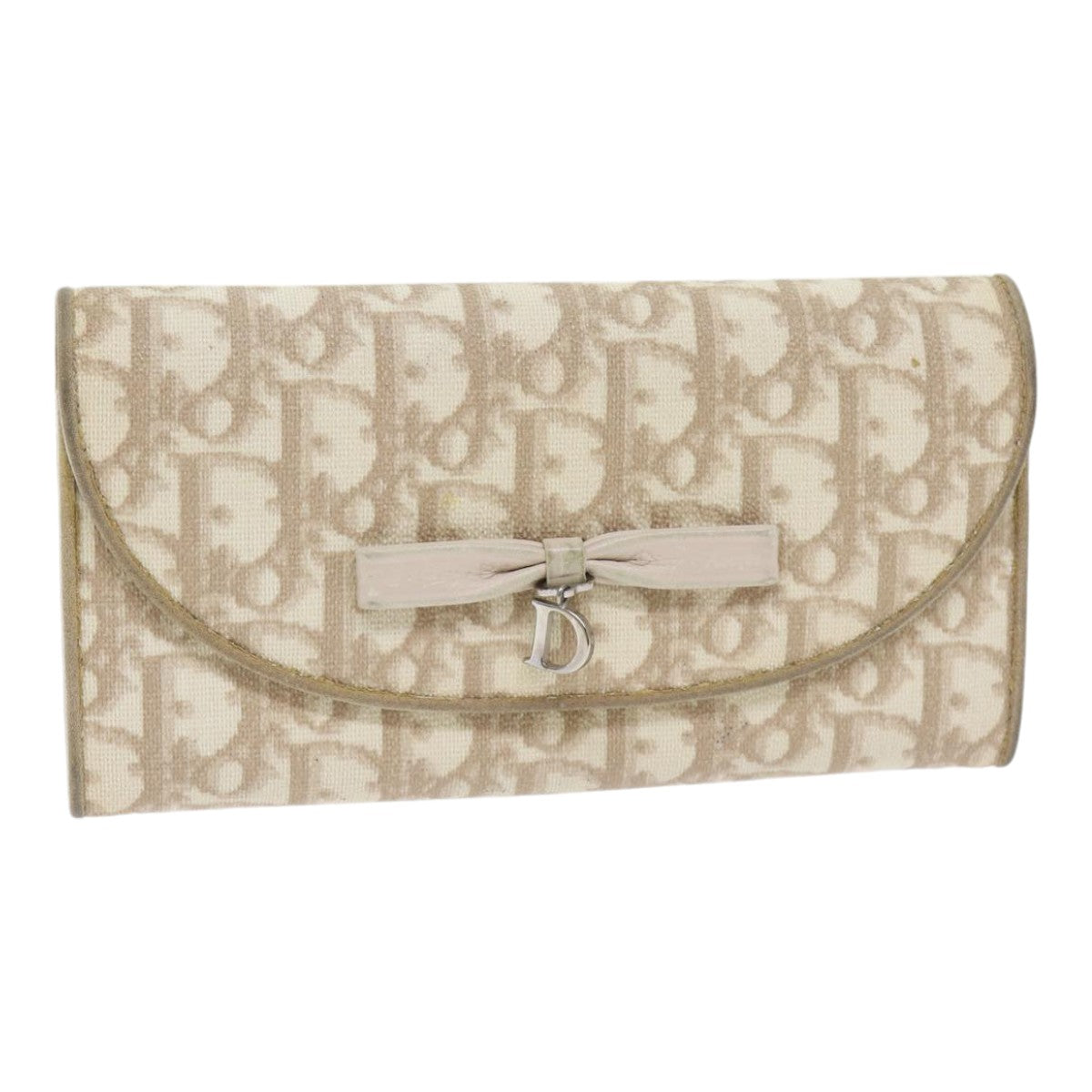 Christian Dior Trotter Canvas Wallet PVC Leather Beige Silver Auth yk14778