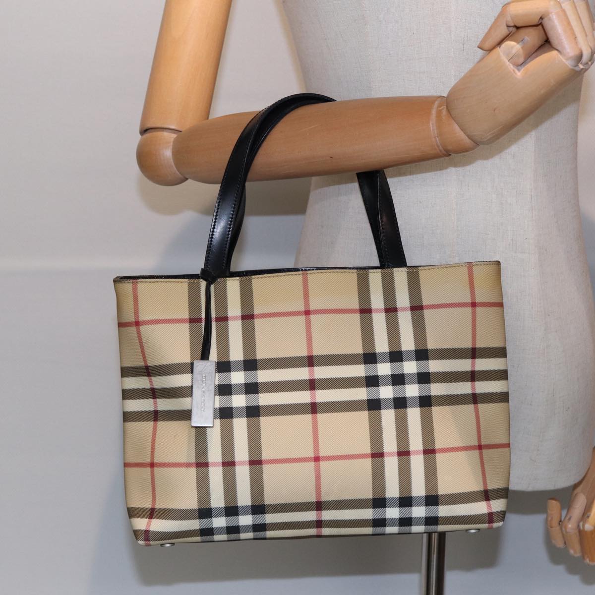 BURBERRY Nova Check Hand Bag PVC Beige Black Silver Auth yk14796