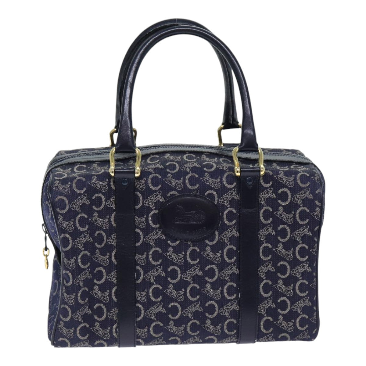 CELINE C Sulky Boston Bag Canvas Leather Navy Gold Auth yk14797