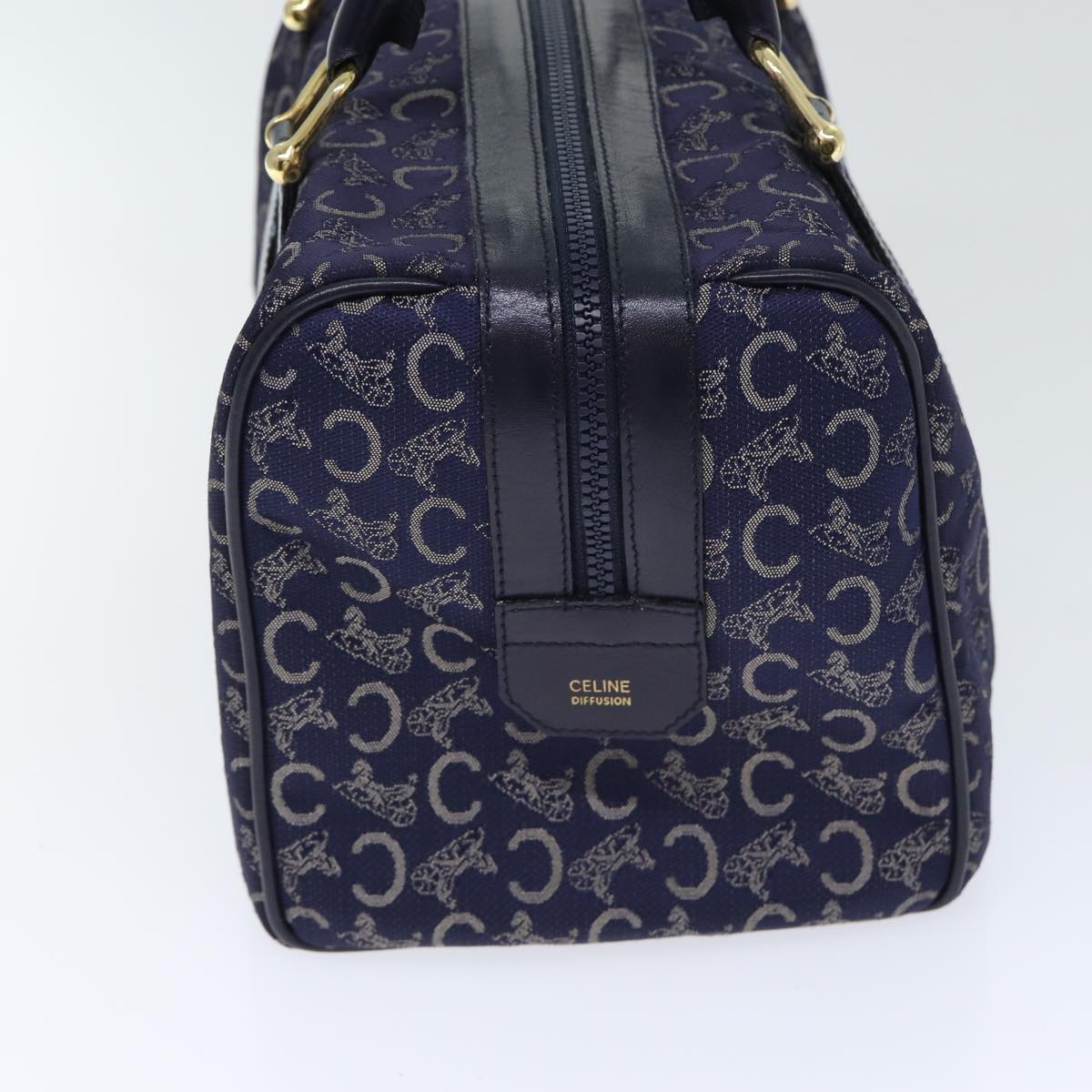 CELINE C Sulky Boston Bag Canvas Leather Navy Gold Auth yk14797