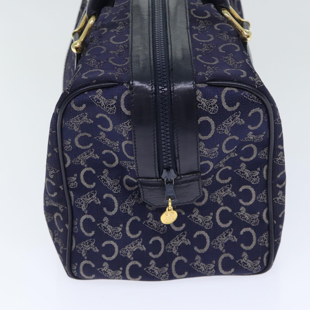 CELINE C Sulky Boston Bag Canvas Leather Navy Gold Auth yk14797