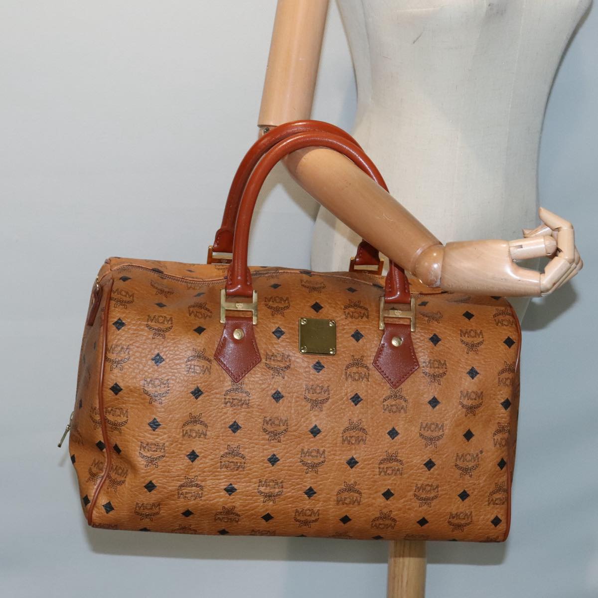 MCM Vicetos Logogram Boston Bag PVC Leather Brown Gold Auth yk14811