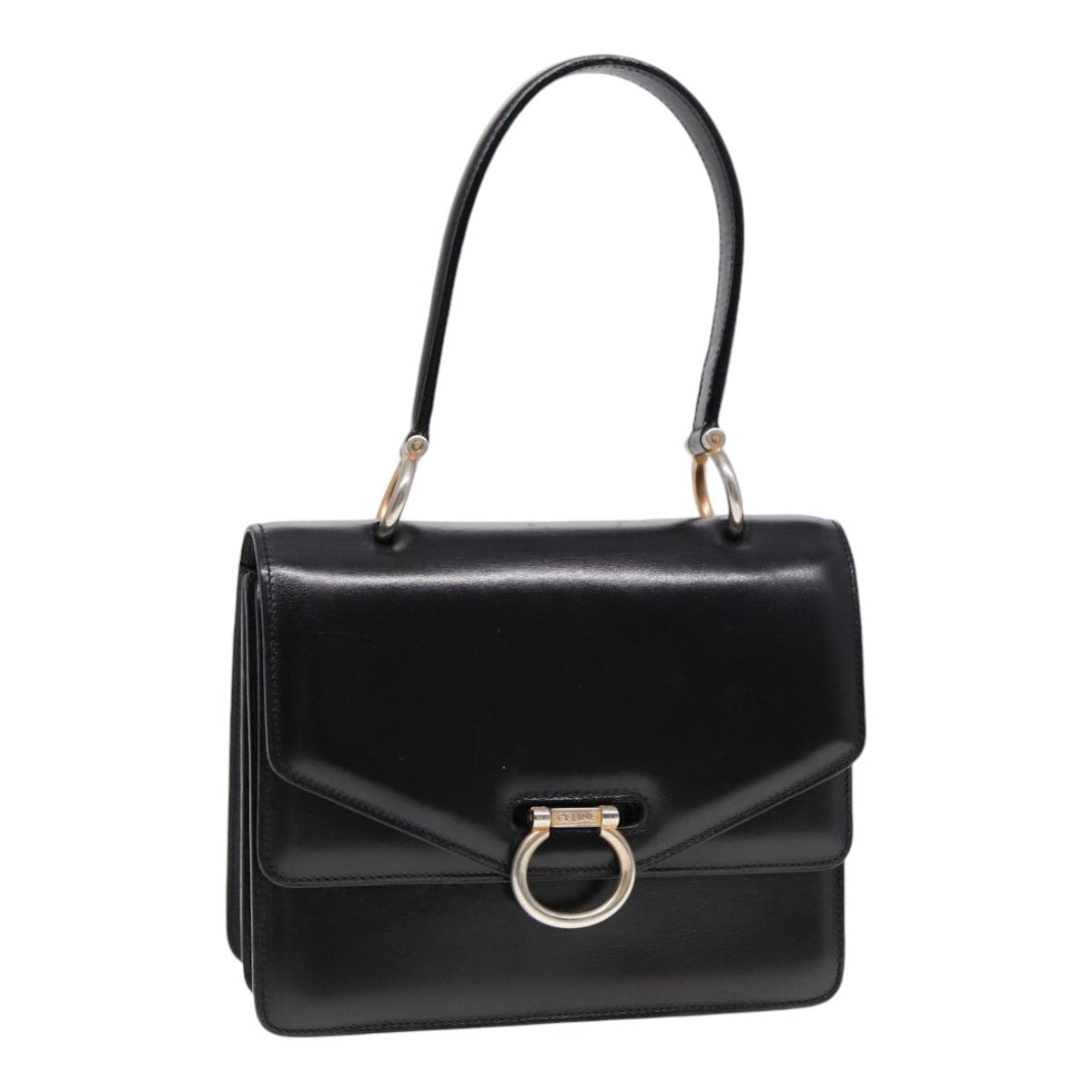 CELINE Hand Bag Leather Black Gold Auth yk14815