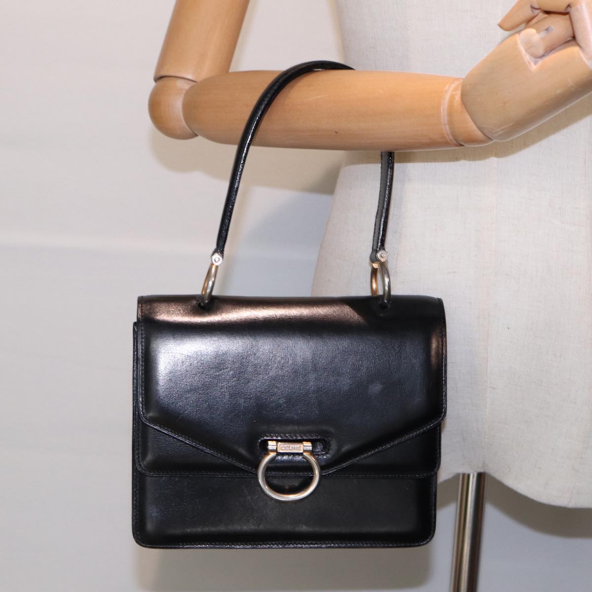 CELINE Hand Bag Leather Black Gold Auth yk14815