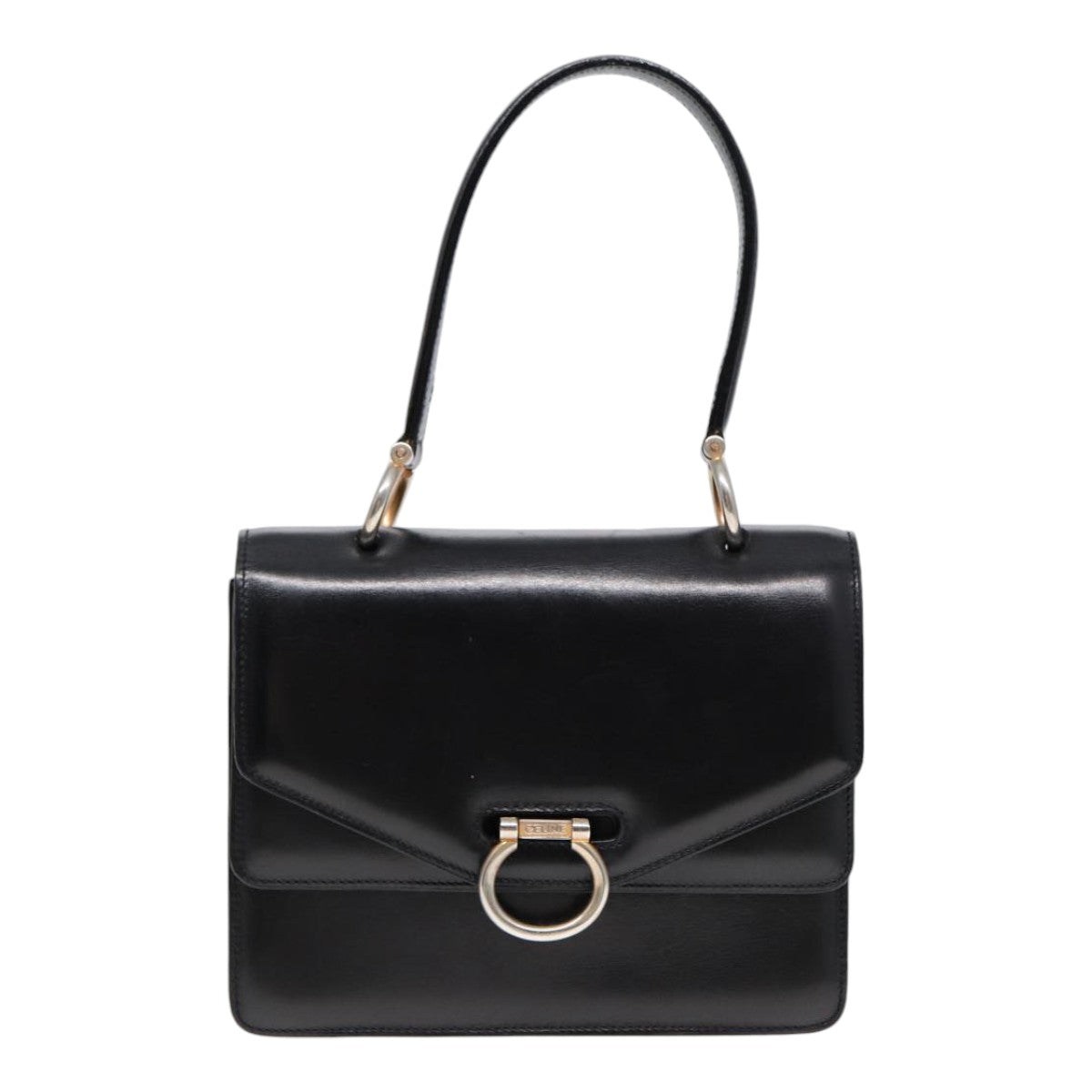 CELINE Hand Bag Leather Black Gold Auth yk14815