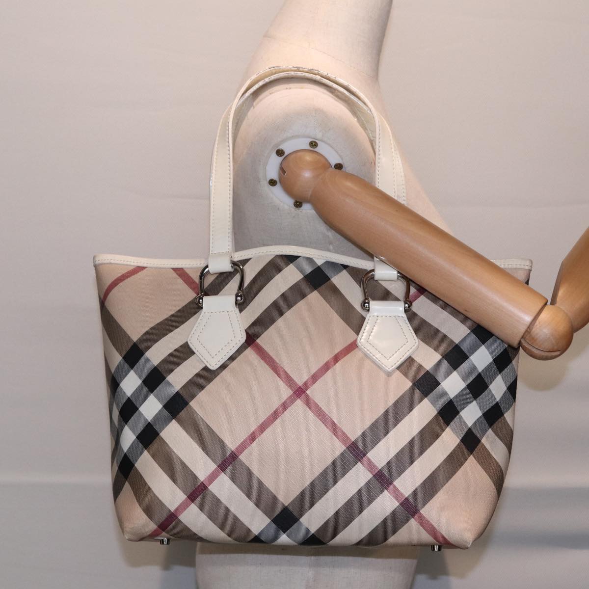 BURBERRY Nova Check Tote Bag PVC Beige Silver Auth yk14816