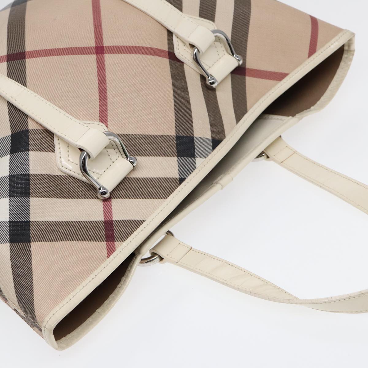 BURBERRY Nova Check Tote Bag PVC Beige Silver Auth yk14816