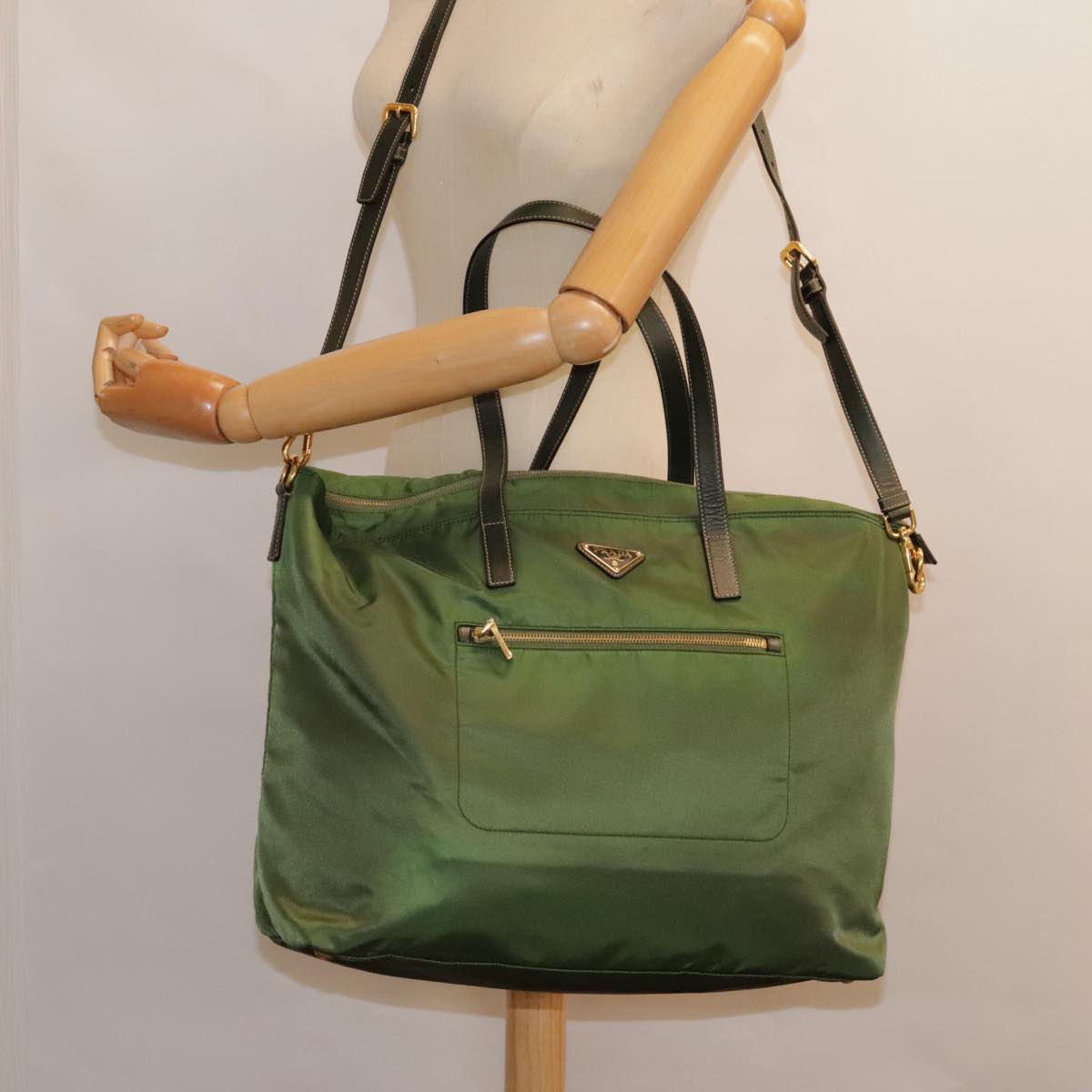 PRADA Tote Bag Nylon 2way Green Gold Auth yk14820