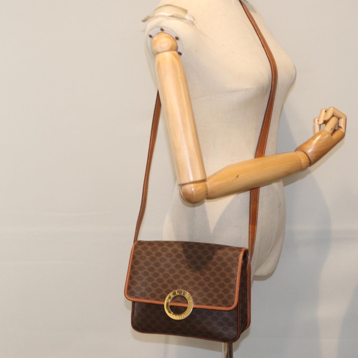 CELINE Macadam Canvas Shoulder Bag PVC Leather Brown Gold Auth yk14827