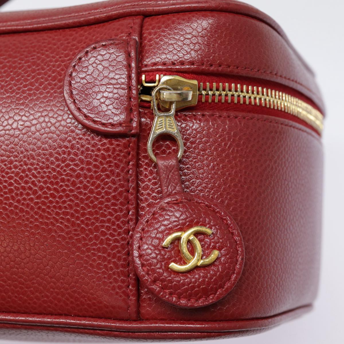 CHANEL Vanity COCO Mark Cosmetic Pouch Caviar Skin Red Gold CC Auth yk14831