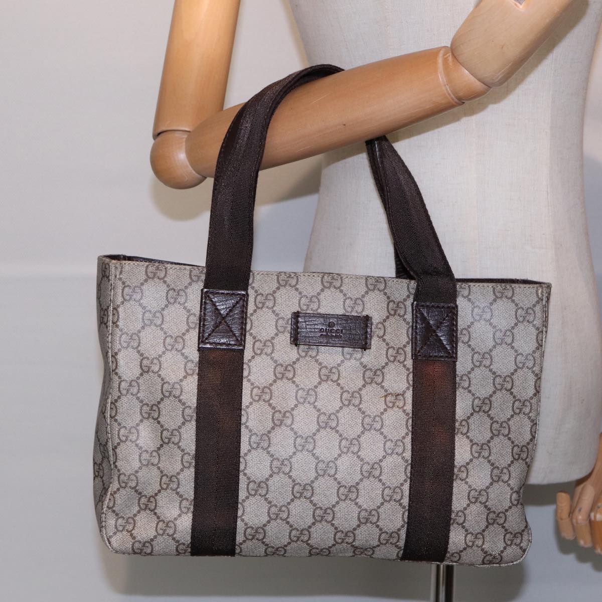 GUCCI GG Supreme Hand Bag PVC Leather Beige Silver 141976 Auth yk14836