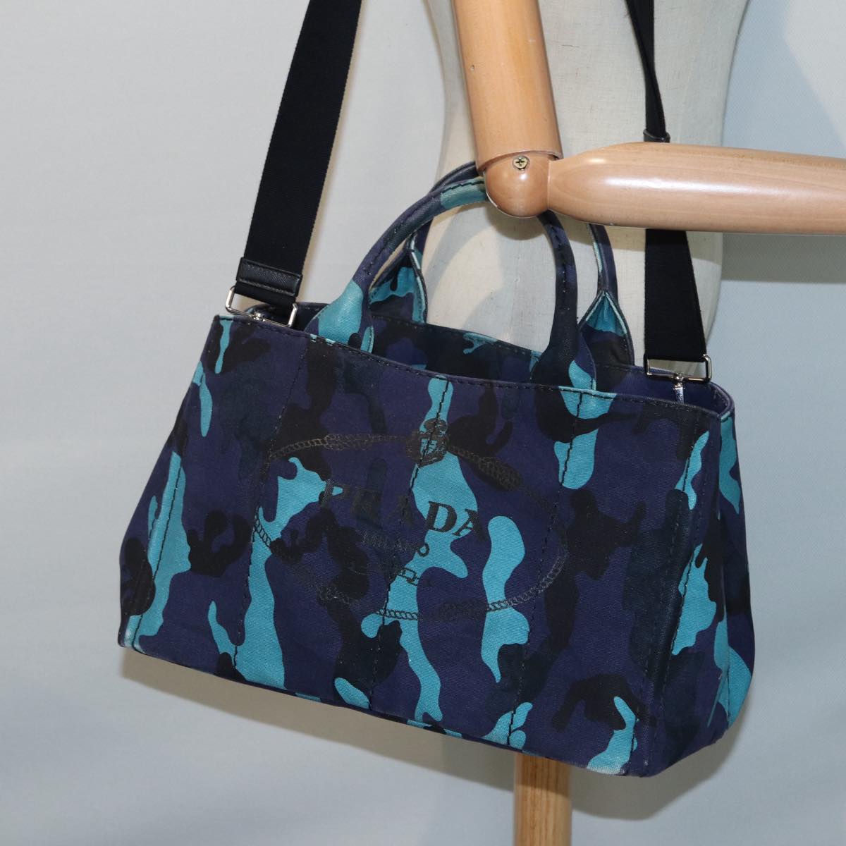 PRADA Camouflage Canapa MM Hand Bag Canvas 2way Blue Silver Auth yk14844