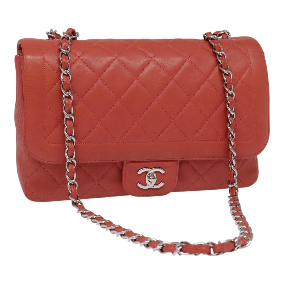 CHANEL Turn Lock Matelasse Chain Bag Lamb Skin Red Silver CC Auth yk14859A