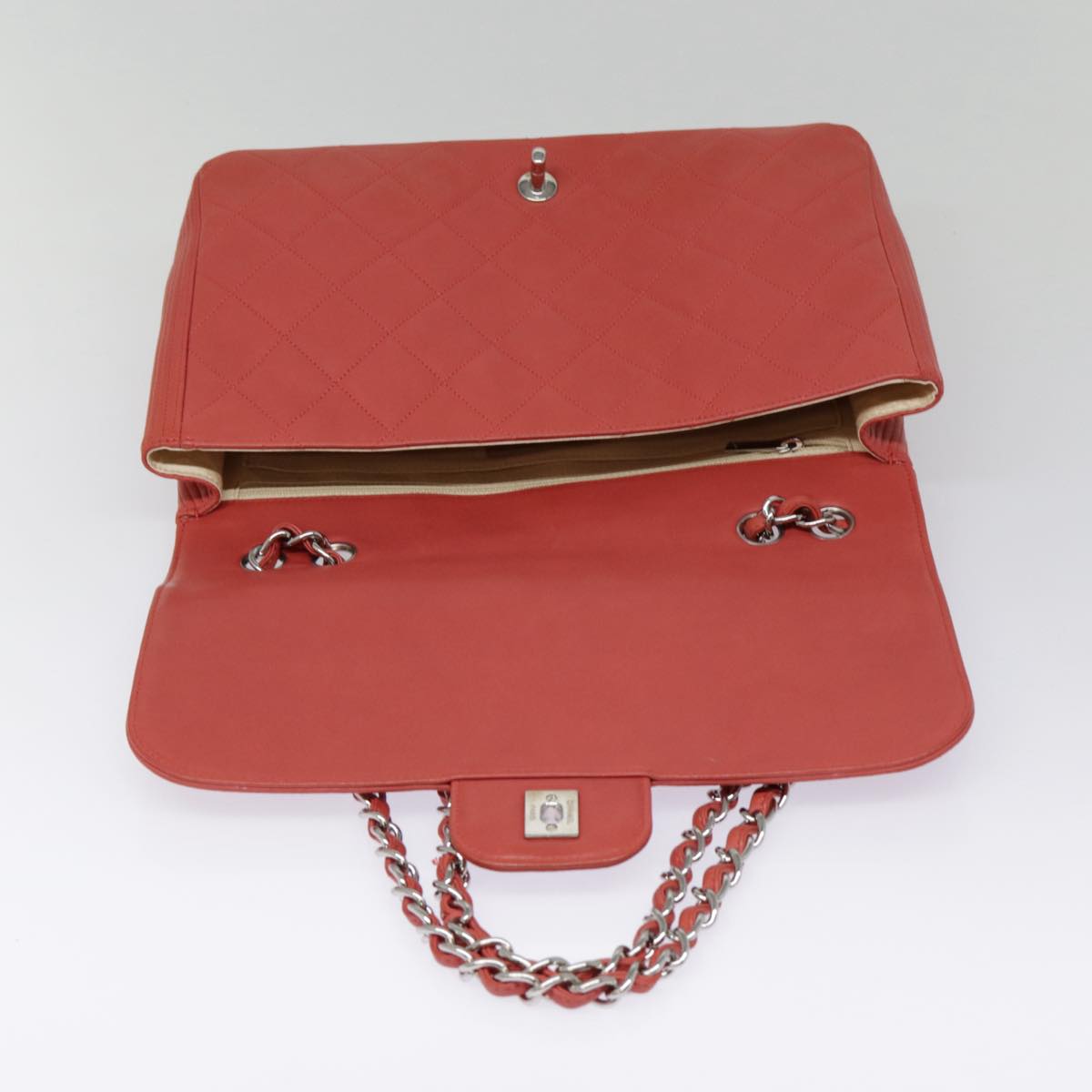 CHANEL Turn Lock Matelasse Chain Bag Lamb Skin Red Silver CC Auth yk14859A