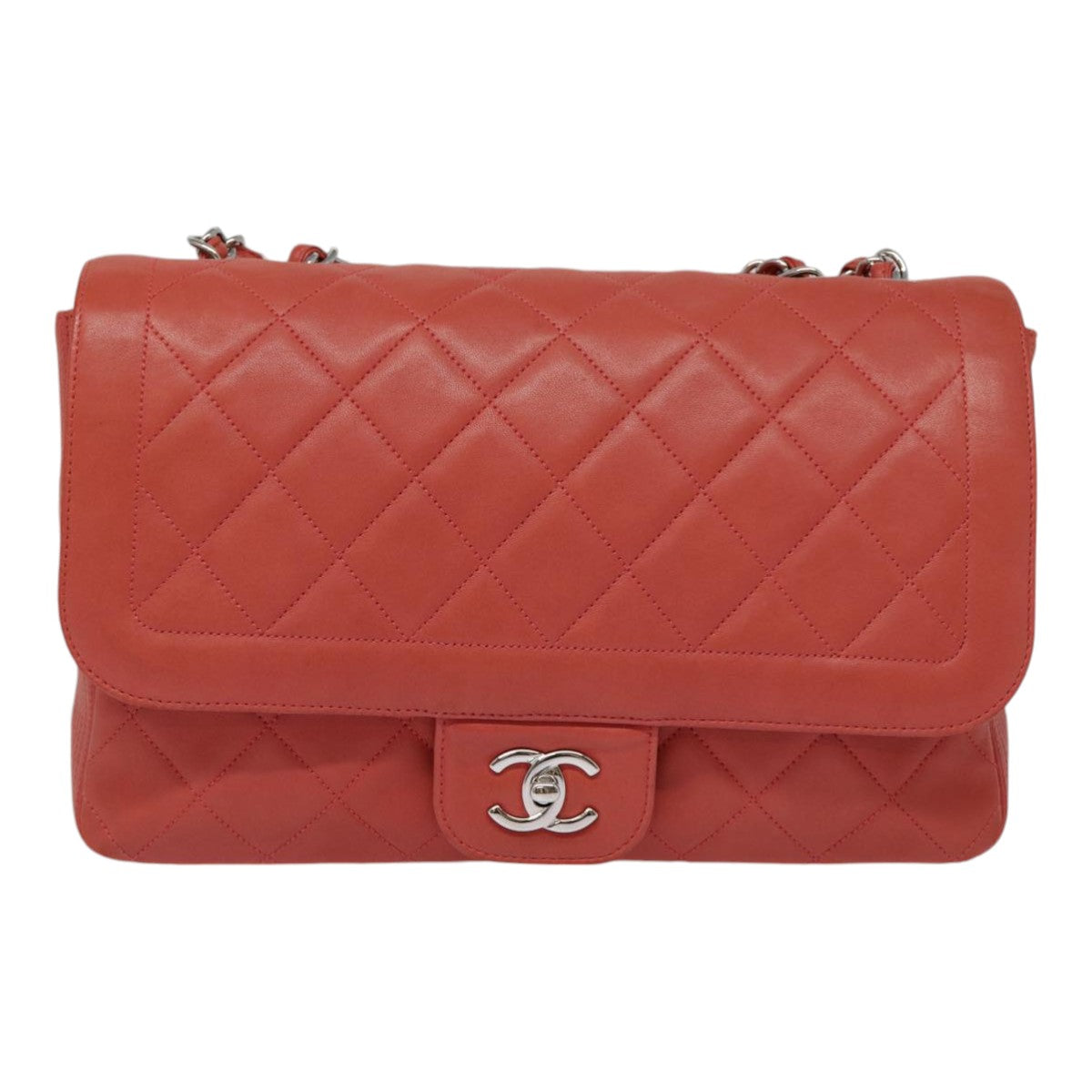 CHANEL Turn Lock Matelasse Chain Bag Lamb Skin Red Silver CC Auth yk14859A