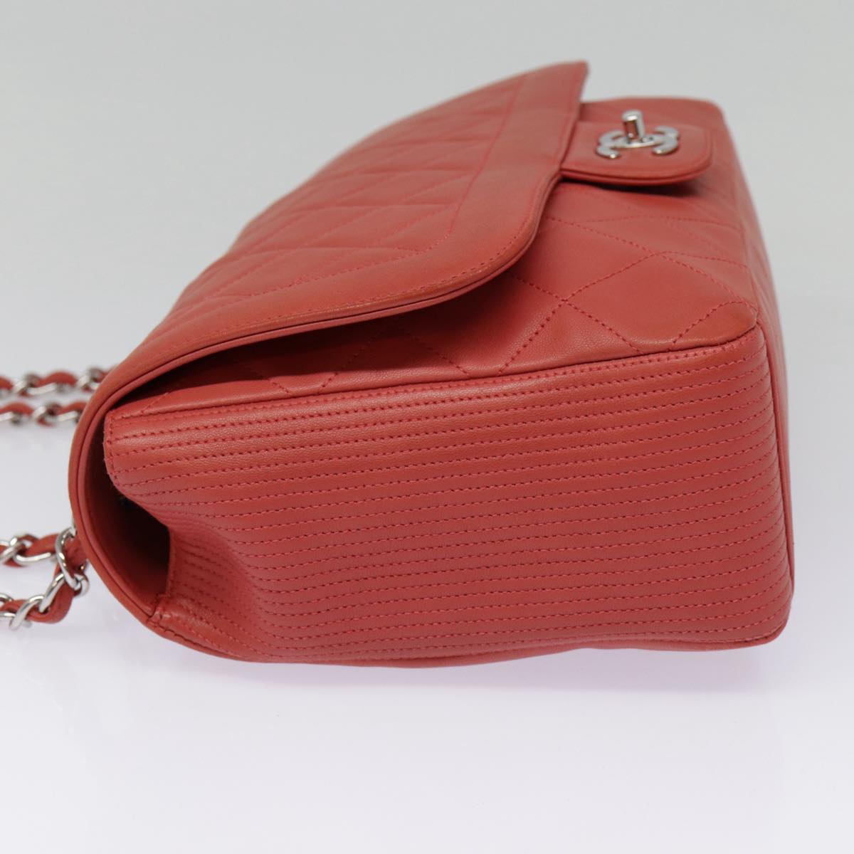 CHANEL Turn Lock Matelasse Chain Bag Lamb Skin Red Silver CC Auth yk14859A