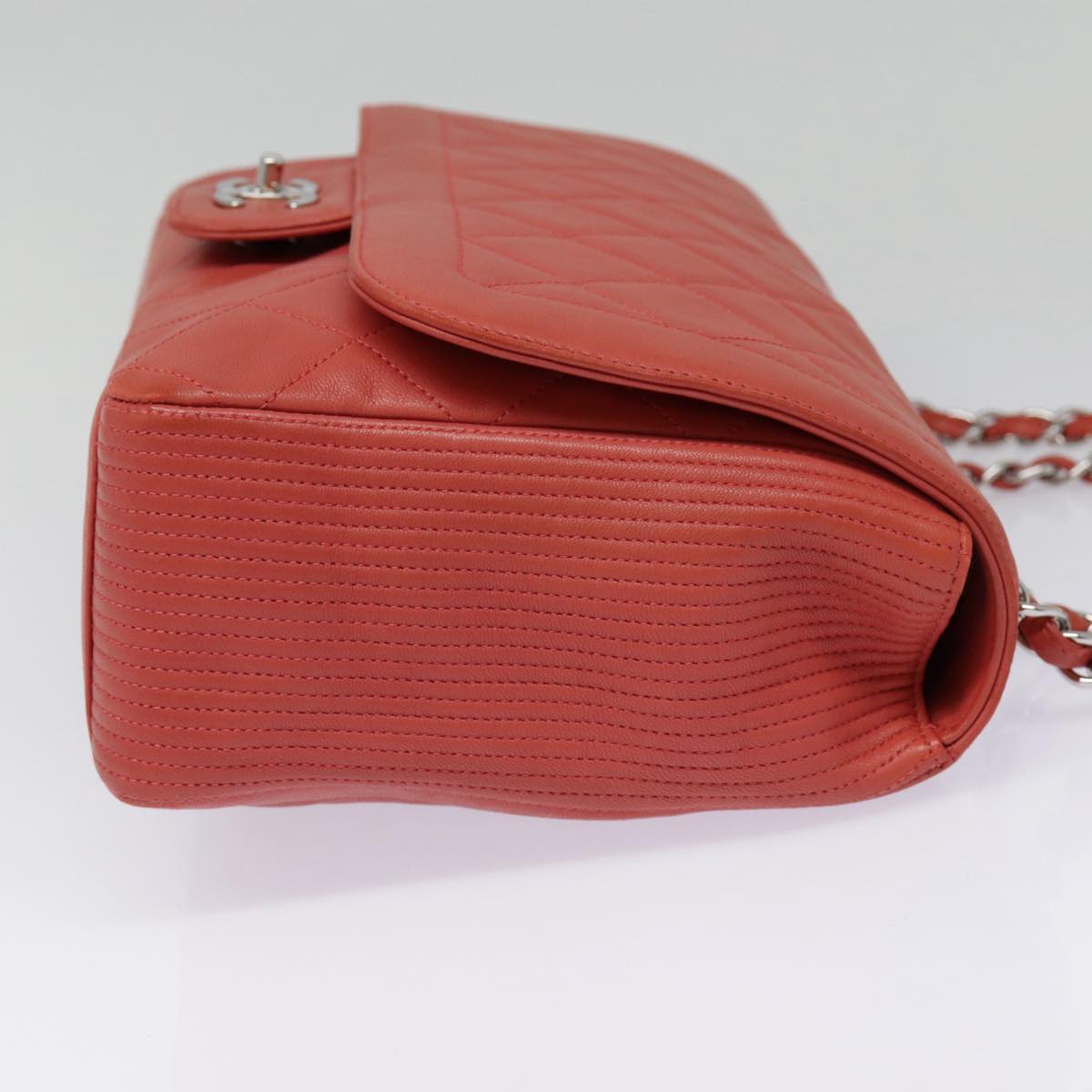 CHANEL Turn Lock Matelasse Chain Bag Lamb Skin Red Silver CC Auth yk14859A