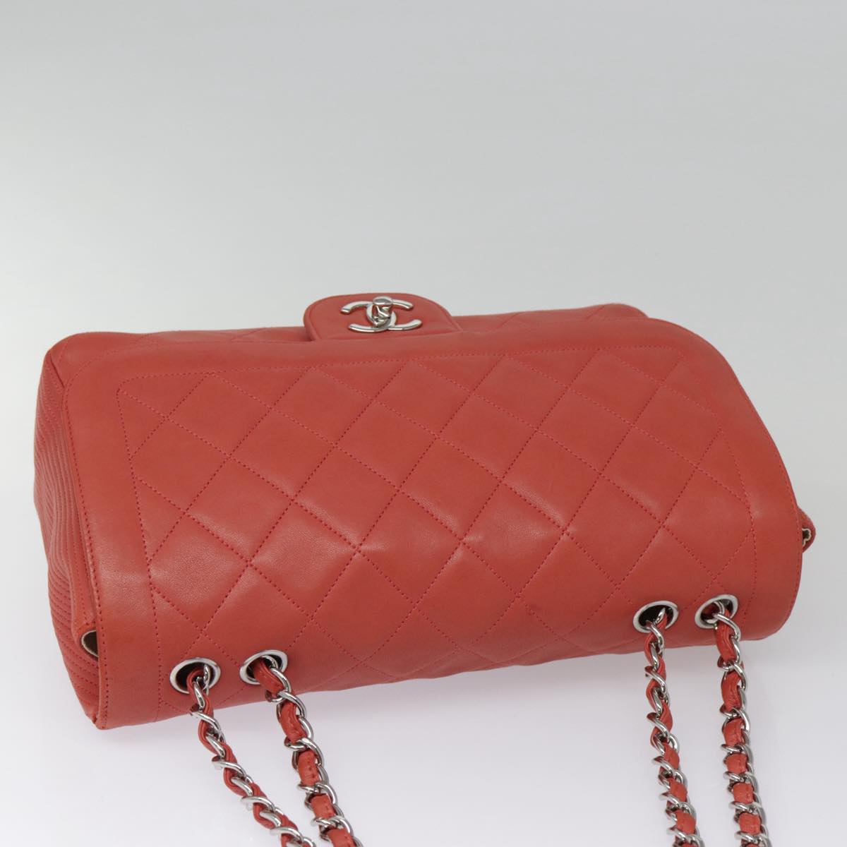 CHANEL Turn Lock Matelasse Chain Bag Lamb Skin Red Silver CC Auth yk14859A