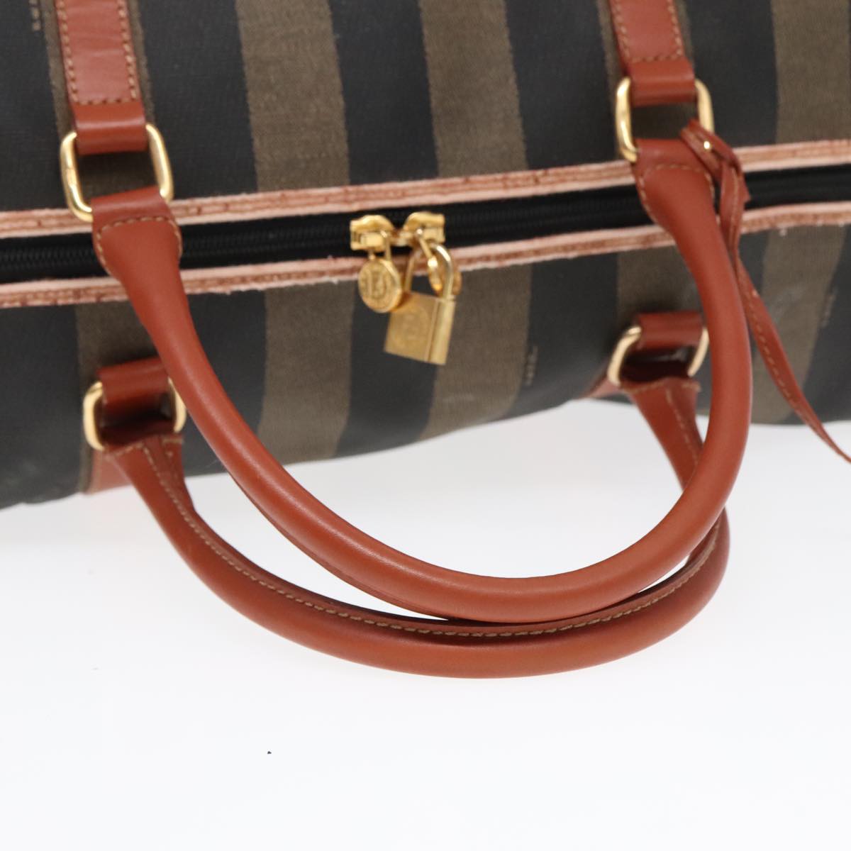 FENDI Pecan Canvas Boston Bag Brown Black gold Auth yk14862